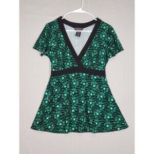 Y2K Babydoll Blouse Top Juniors XL Tie Back Sparkly Green Black Floral